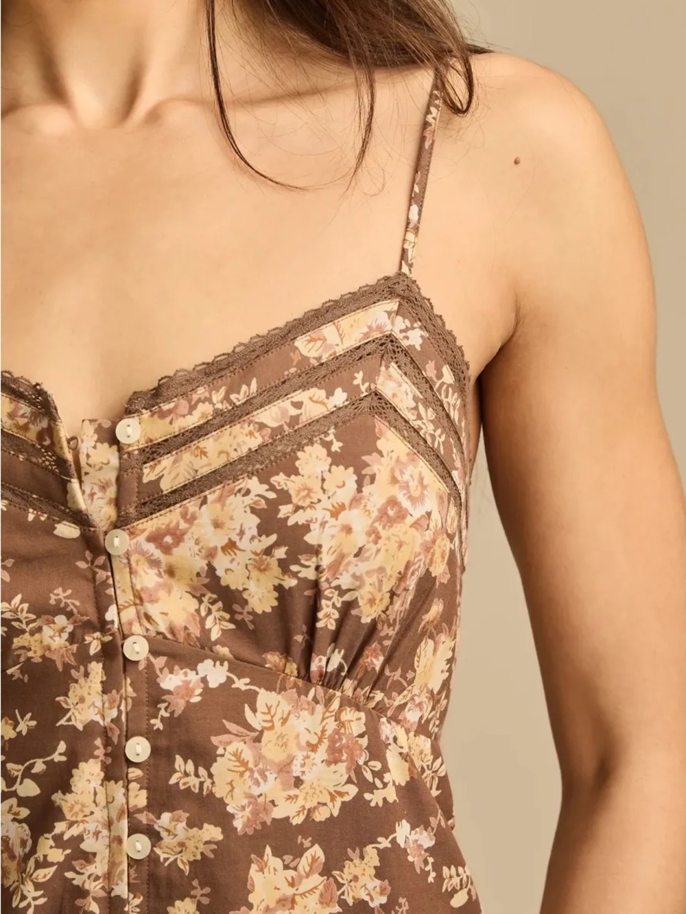 Lucky Brand Brown Floral Lace Trimmed Slip Midi Dress with Cream Print - Picture 6 of 16